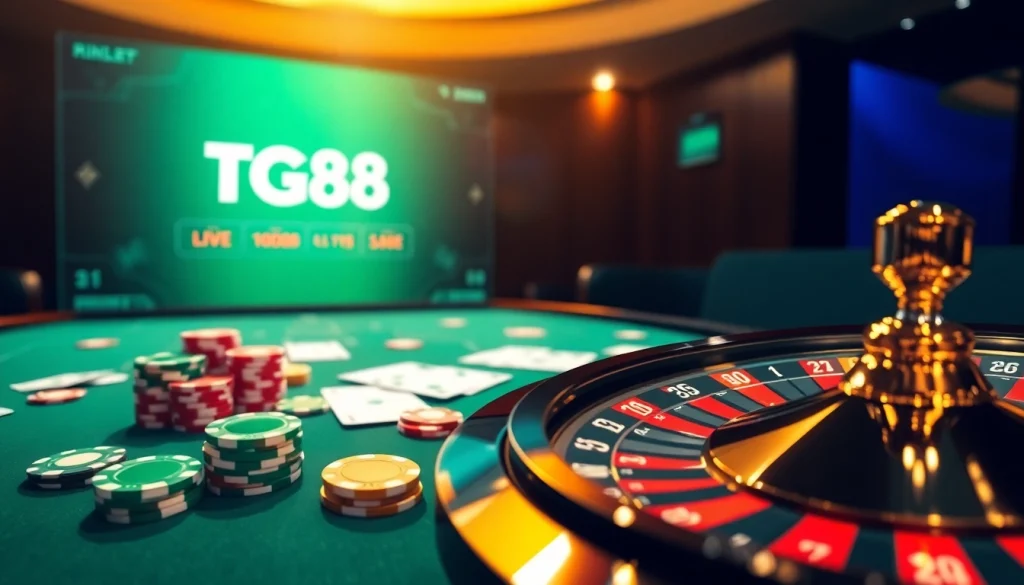 Experience thrilling poker action with TG88's vibrant casino layout featuring roulette and poker chips.