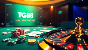 Experience thrilling poker action with TG88's vibrant casino layout featuring roulette and poker chips.