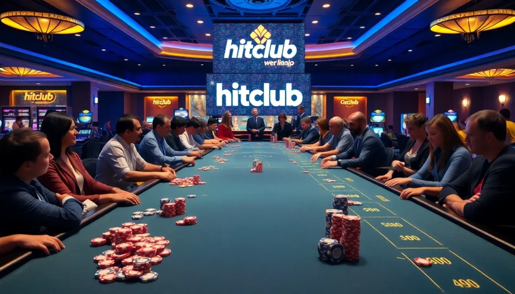 Players winning excitement at hitclub web tables, vibrant casino atmosphere with chips and lights.