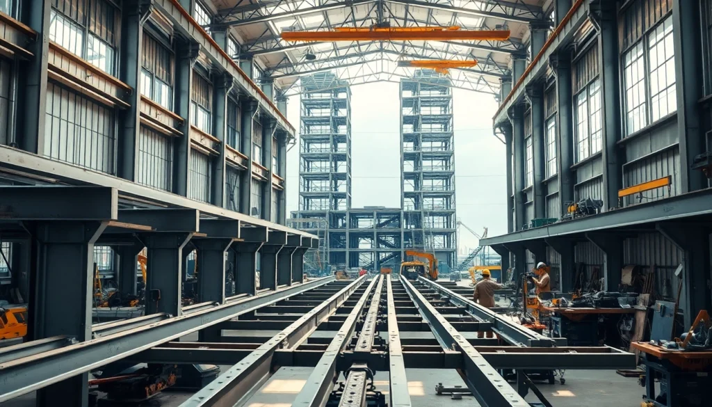 Skilled workers engaged in structural steel fabrication, assembling steel beams in an industrial workshop.