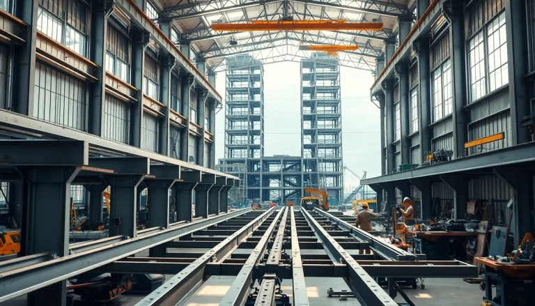 Skilled workers engaged in structural steel fabrication, assembling steel beams in an industrial workshop.