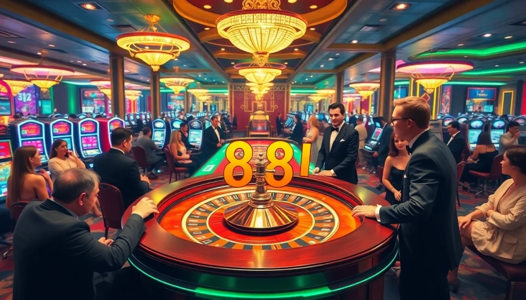 Players engaging in casino games with 88i branding on chips, showcasing excitement and luxury.