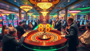 Players engaging in casino games with 88i branding on chips, showcasing excitement and luxury.