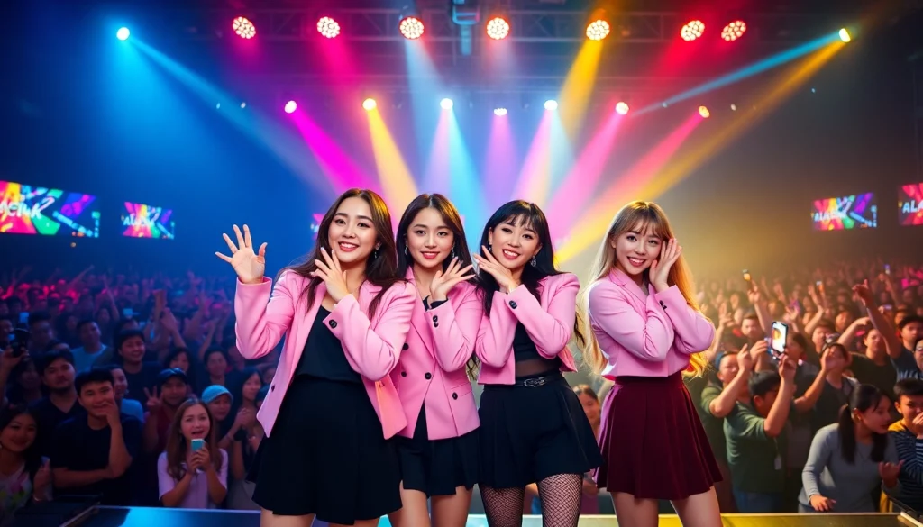 Blackpink members Jisoo, Jennie, Rosé, and Lisa performing energetically on stage.