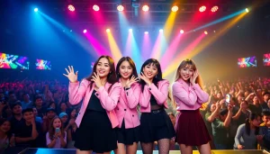 Blackpink members Jisoo, Jennie, Rosé, and Lisa performing energetically on stage.