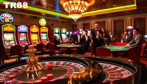 Experience the thrill at TR88 CASINO with players engaged at roulette and blackjack tables.