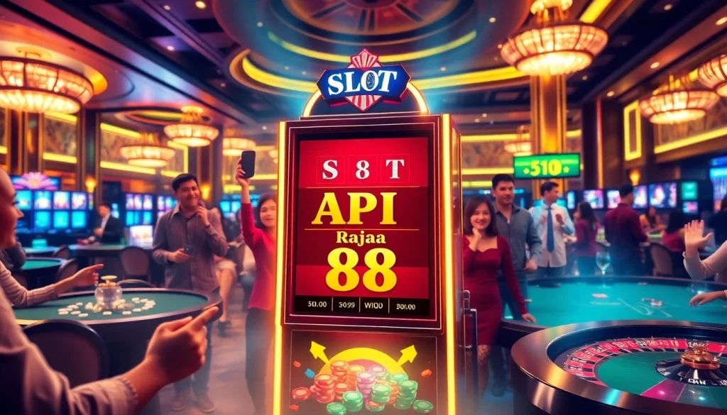 Players celebrating a big win at the Slot API Raja 88 machine in a vibrant casino.