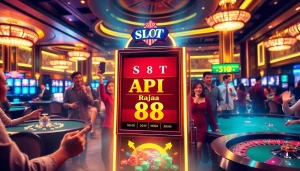 Players celebrating a big win at the Slot API Raja 88 machine in a vibrant casino.