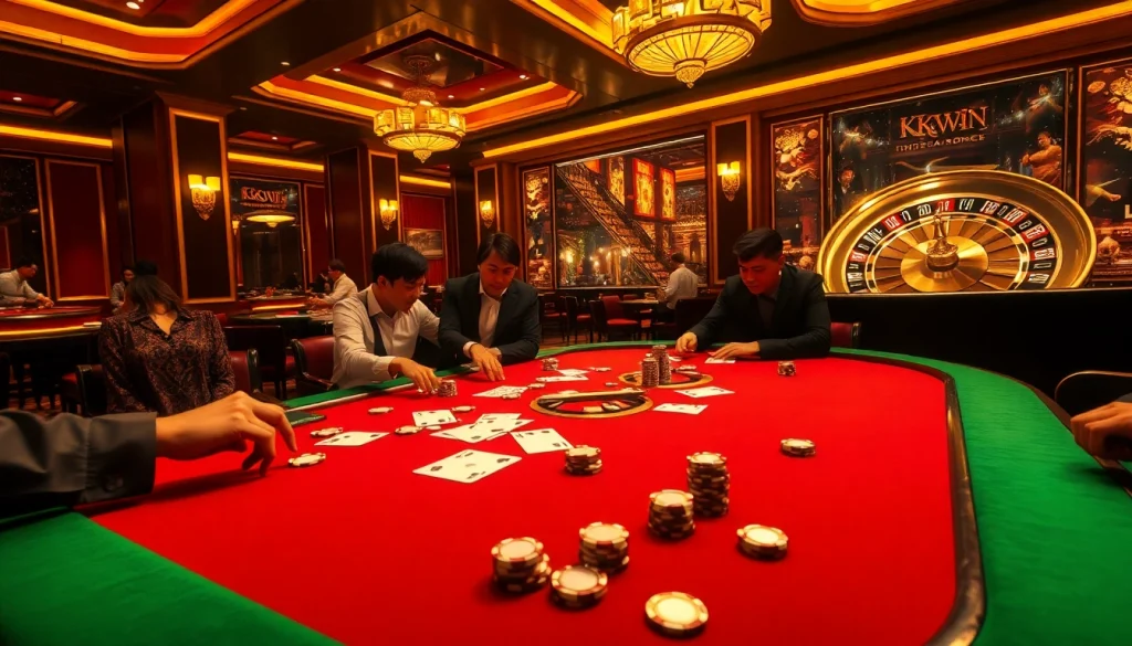 Engaged players at a luxurious casino poker table showcasing kkwin gaming excitement.