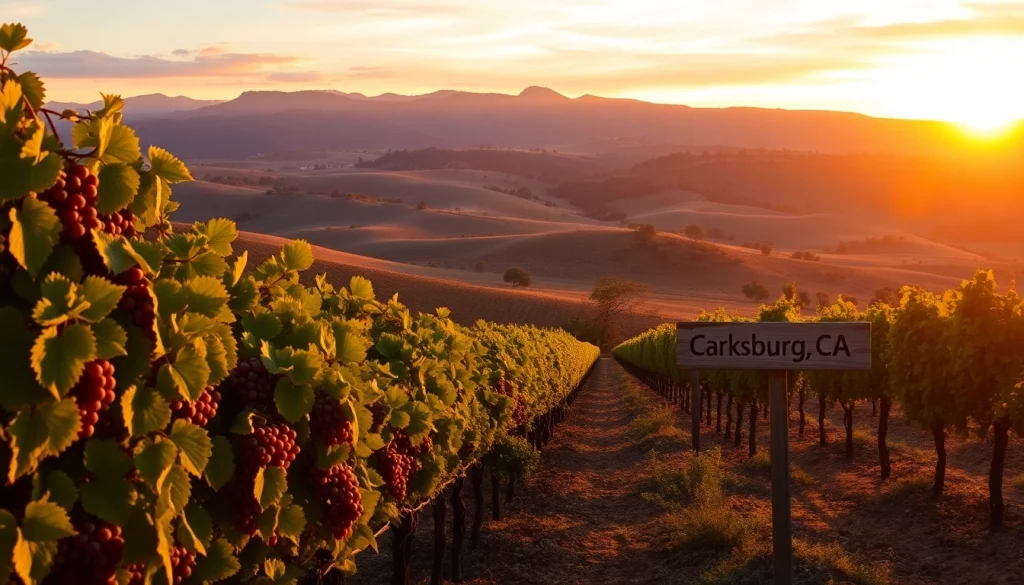 A stunning vineyard in Carksburg CA during golden hour, with ripe grapes and rolling hills in sunset light.