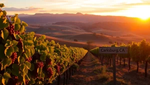 A stunning vineyard in Carksburg CA during golden hour, with ripe grapes and rolling hills in sunset light.