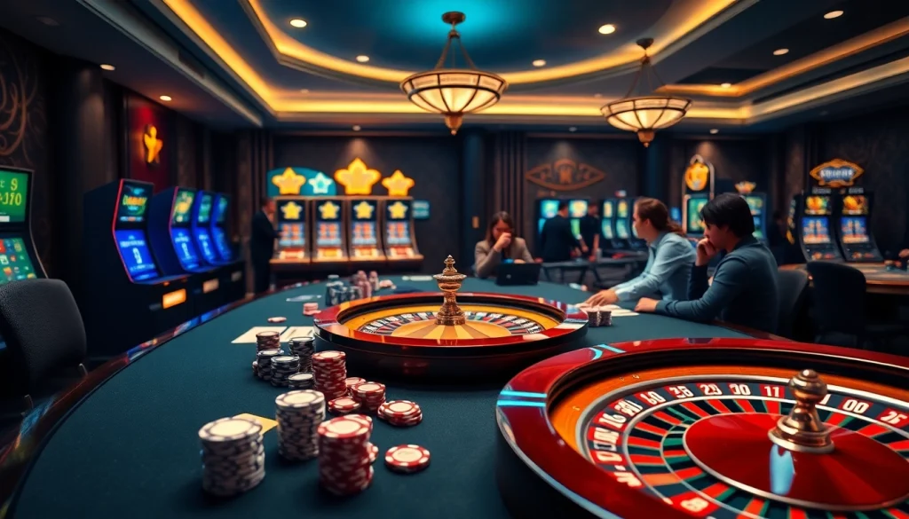 Experience the excitement of gameplay at https://lc88.bio/ through an elegant casino scene featuring poker and roulette.