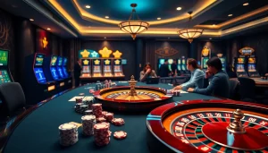 Experience the excitement of gameplay at https://lc88.bio/ through an elegant casino scene featuring poker and roulette.