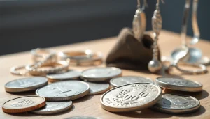 Zinn Ankauf: Professioneller Verkaufsstand für Silbermünzen und Schmuck in hellem Licht.