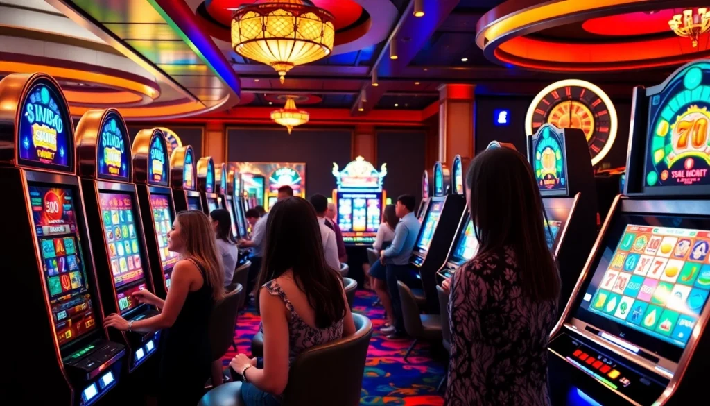 Players enjoying diverse slot machines in a vibrant casino ambiance, highlighting slot365 đăng nhập.