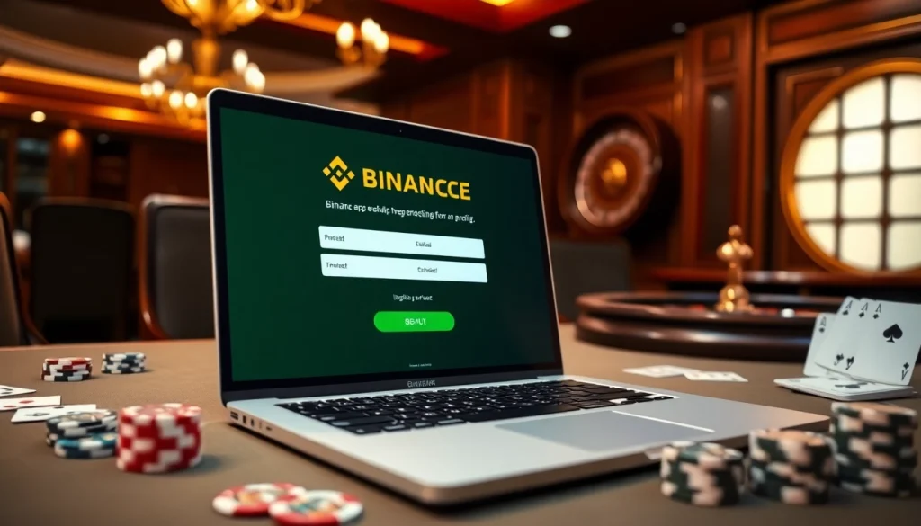 Engaging Binance 회원가입 process shown on a stylish laptop in a luxurious casino setting