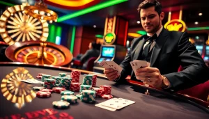Stunning casino scene featuring nhà cái KK55 with poker chips, cards, and roulette wheel, showcasing professionalism and excitement.