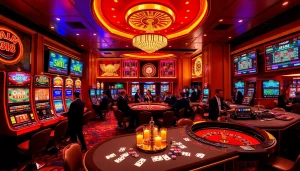 This vibrant casino scene highlights the excitement of gambling on https://fun88.foundation/ with engaging slot machines and a glamorous roulette wheel.