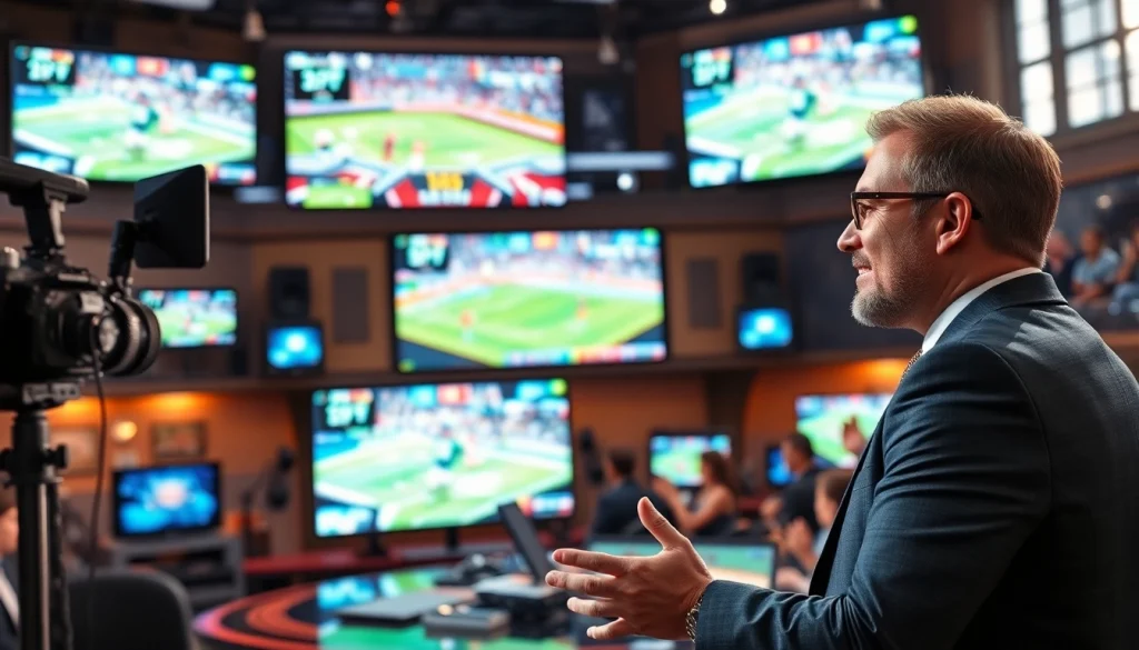 Captivating moment in Sports Broadcasting with a dynamic host and advanced studio technology.