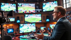 Captivating moment in Sports Broadcasting with a dynamic host and advanced studio technology.