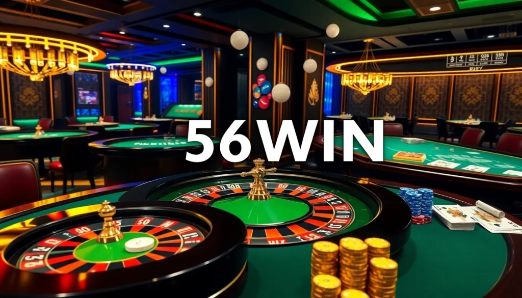Experience the excitement of 56WIN with lively gambling scenes featuring roulette tables and poker chips.