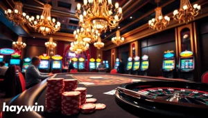 Experience the excitement of gambling at hay.win with vibrant poker chips and a roulette wheel.