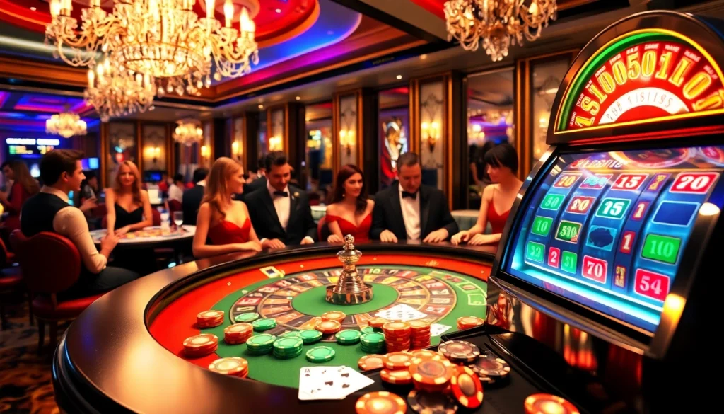 Players enjoying the excitement of a gg88bz gaming table in a lavish casino setting.