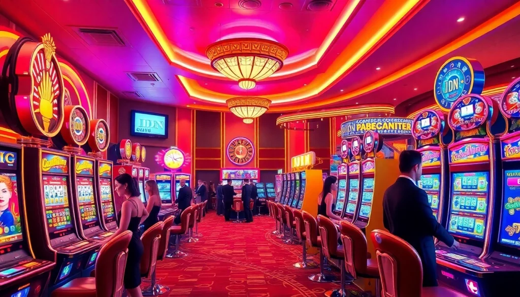 Players enjoy thrilling idn slot games at a vibrant casino, showcasing luxury and excitement.