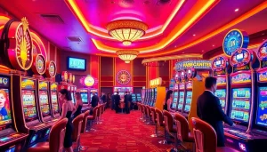 Players enjoy thrilling idn slot games at a vibrant casino, showcasing luxury and excitement.