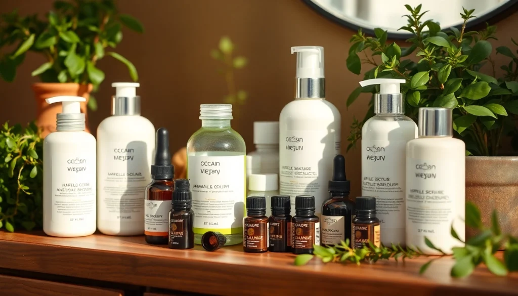 Ekologiska kosmetika produktai ant medinio stalo su šviežiais žolelėmis