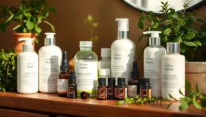 Ekologiska kosmetika produktai ant medinio stalo su šviežiais žolelėmis