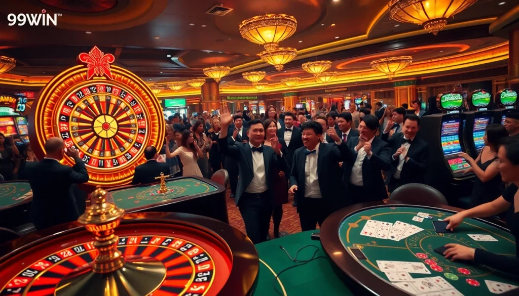 Players enjoying a thrilling game at the 99WIN casino, surrounded by luxury slot machines and roulette.