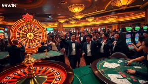 Players enjoying a thrilling game at the 99WIN casino, surrounded by luxury slot machines and roulette.