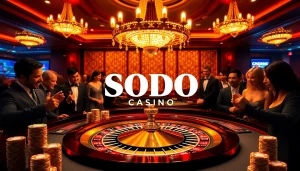 SODO Casino roulette table with excited gamblers enjoying the vibrant atmosphere of high-stakes gambling.