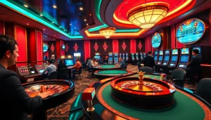 Engaging scene of Tool xổ số siêu tốc in a luxury casino, highlighting roulette and poker.