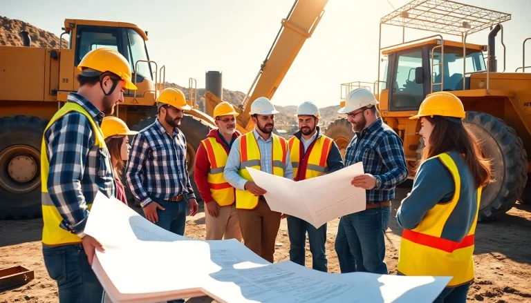Construction association Wyoming professionals collaborating on-site with blueprints and equipment.
