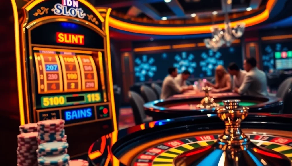 Spin the IDN Slot machine in a vibrant casino setting with dazzling poker chips.