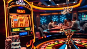 Spin the IDN Slot machine in a vibrant casino setting with dazzling poker chips.