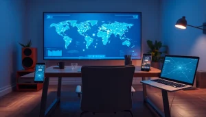 快连下载 showcasing a modern tech workspace with devices connected globally.