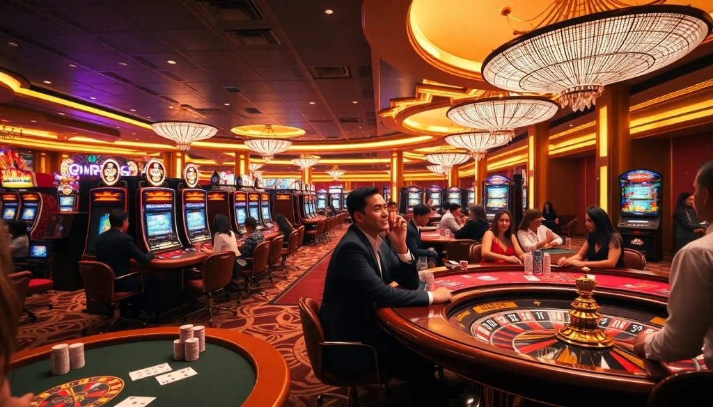 Experience the thrilling atmosphere of uu88 with players at vibrant slot machines and poker tables.