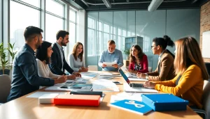 Consulenza marketing in un ambiente collaborativo con un consulente e un team di professionisti.