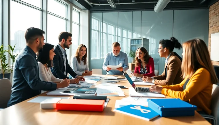 Consulenza marketing in un ambiente collaborativo con un consulente e un team di professionisti.