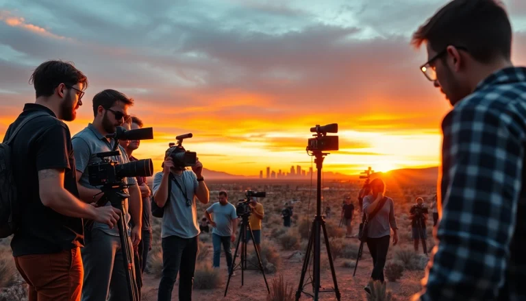 Capturing the essence of video production Phoenix through a film crew in action amidst stunning desert scenery.