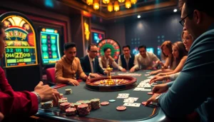 Players engaging with the keonhacai5 gaming experience at a luxurious casino table with vibrant poker chips.