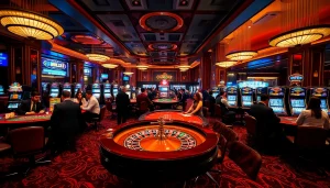Exciting scene at mu88 🎖 mu88 casino - đăng ký nhận khuyến mãi tân thủ with vibrant gaming tables and slot machines.