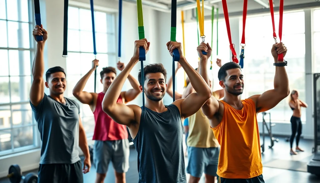 Individuals using assisted pull-up bands in a bright fitness studio, showcasing determination and teamwork.
