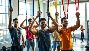 Individuals using assisted pull-up bands in a bright fitness studio, showcasing determination and teamwork.