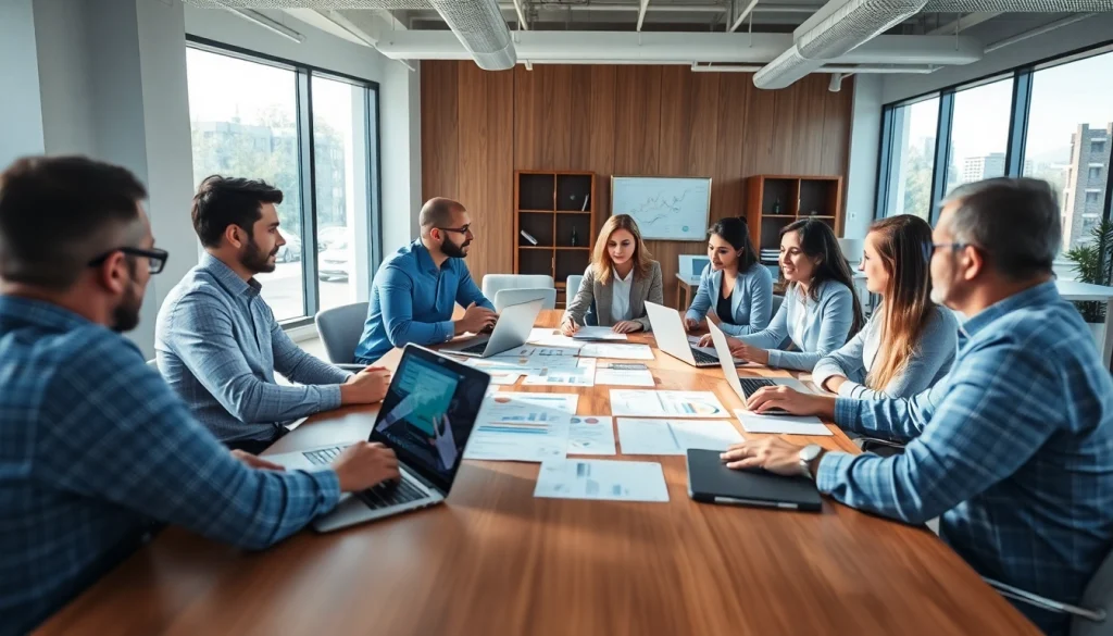 Engaged team discusses competitive intelligence for sales in a modern office setting.