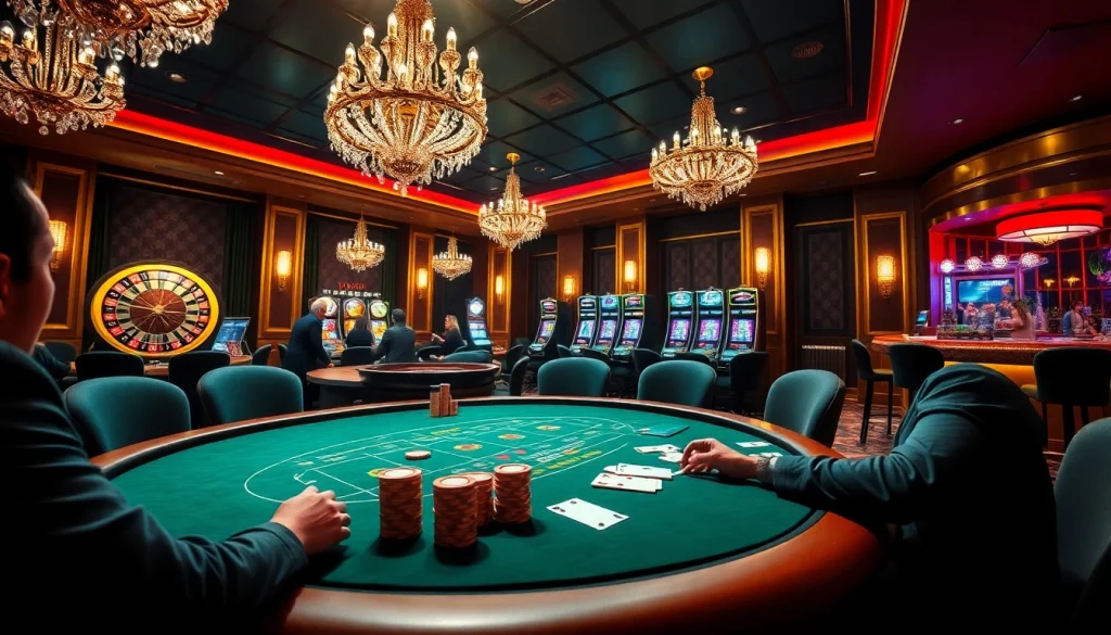 Players enjoying poker at a luxurious casino scene inspired by https://vj88.com/ with vibrant atmosphere.