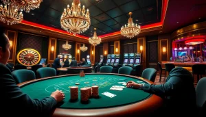 Players enjoying poker at a luxurious casino scene inspired by https://vj88.com/ with vibrant atmosphere.